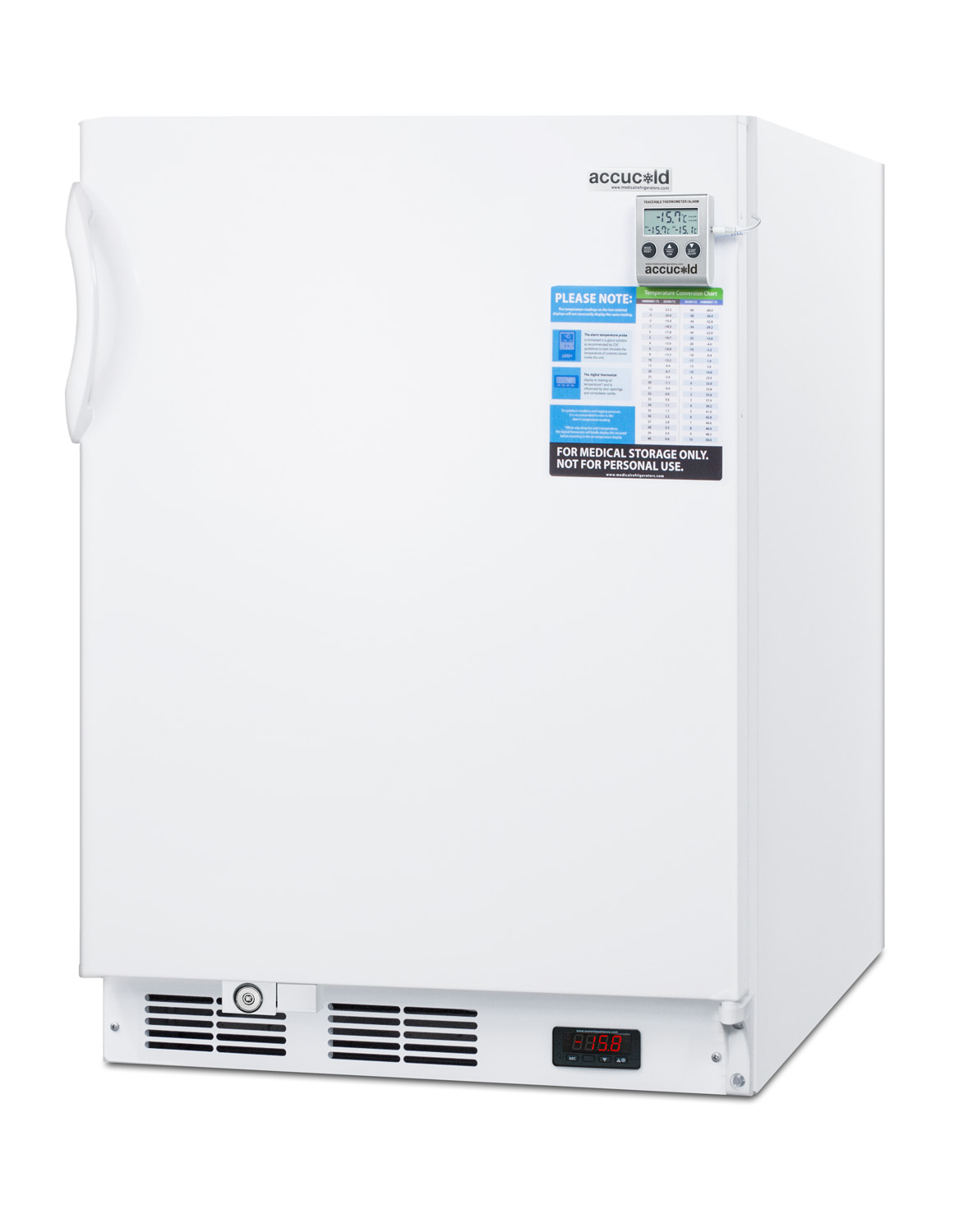 ADA compliant built-in undercounter vaccine all-freezer with digital thermostat, temperature alarm, hospital grade cord, self-closing door, and front lock